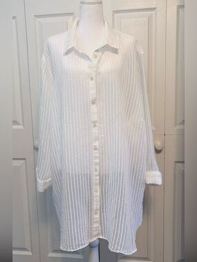 NWOT Lands' End White Textured Stripe Swim Coverup Shirt